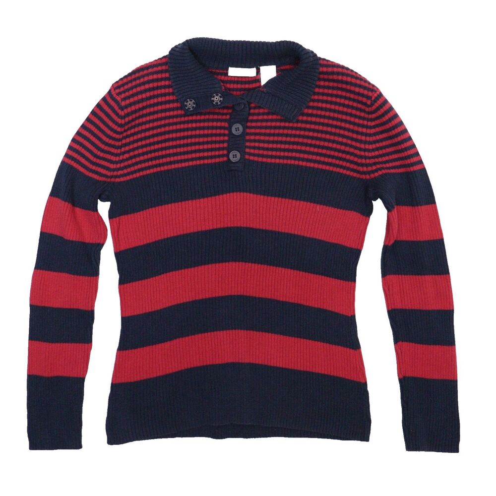 Liz & Co Sweater Womens M Red Blue Striped 1/4 Button Cardigan Preppy Collared
